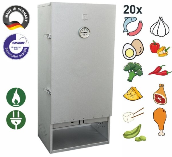 Peetz Räucherofen 20 Fische mit Tür aluminiertes Stahlblech 28 x 39 x 85 cm isoliert